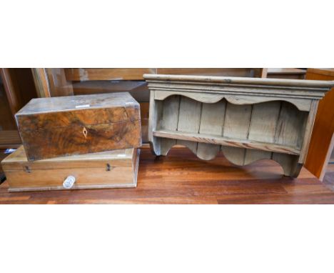 A 19th century walnut inlaid work box to/w hardwood stationery box and pine spice rack (3) 