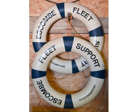 A pair of vintage 'Perrybuoy' Escombe Fleet Support (Southampton) life rings, 75 cm diam (2) 