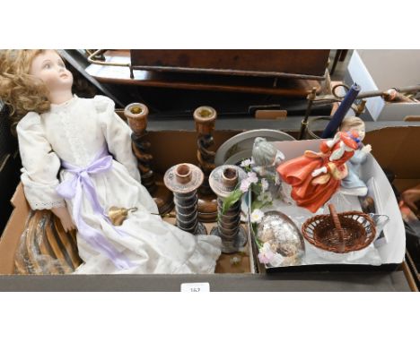 A boxed Royal Doulton figure 'Top of the Hill', two Nao praying children, Kaiser doll, pair of spiral-turned oak candlesticks