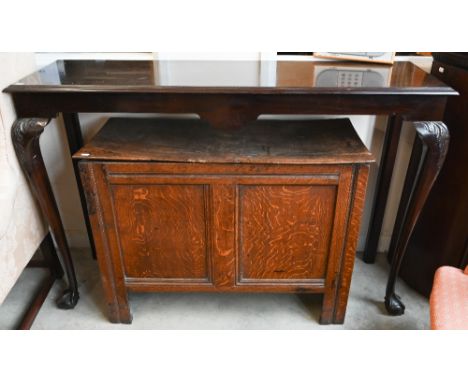 A Georgian style mahogany console table on acanthus carved cabriole supports with ball and claw feet, 140 cm wide x 38 cm dee