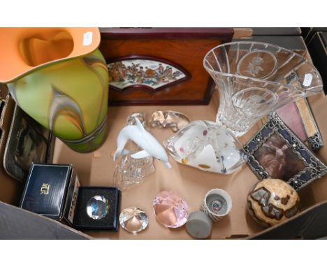 K - A Murano glass basket, a Stuart crystal flared vase, green art-glass vase, Lenox china and glass dolphins, picture frames