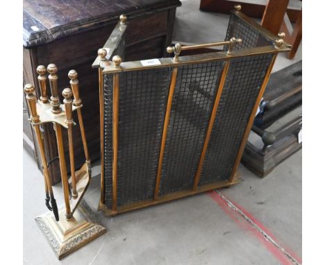 Brass wire panelled folding fire screen to/w fire tools/companion set 