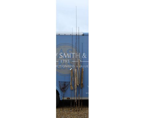 Five vintage split-cane fishing rods (three by Hardy's), to/w a landing net 