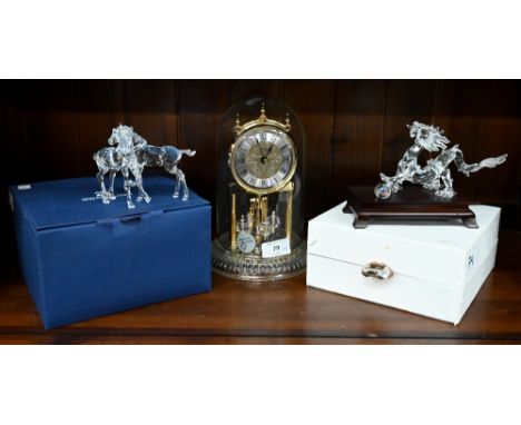 D - Swarovski crystal glass 'Wild Horses' and dragon figures, both boxed to/w unboxed Swarovski 'Linden' anniversary clock (3