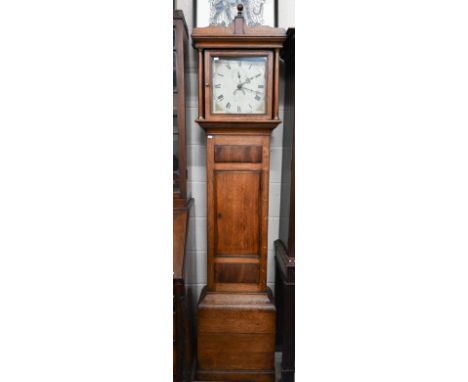 A 19th century oak longcase clock painted dial with thirty hour movement c/w weight and pendulum, 202 cm high 