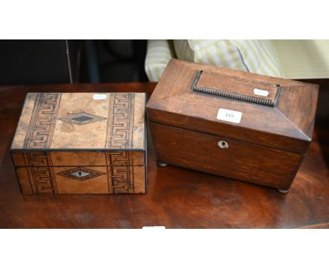 A Regency rosewood sarcophagus tea caddy, 28 cm wide, to/w a parquetry-inlaid work box (2 - a/f) 