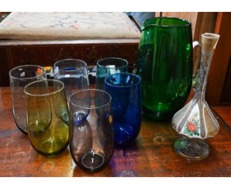 A 19th century Bohemian overlaid glass flask with floral painting and gilding to/w a boxed Harlequin-coloured glass lemonade 