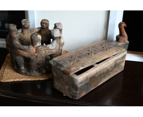 A Mayan-style terracotta 'Circle of Friends' group, 25 cm to/w&nbsp;a tribal carved wood box with swivel cover and bird-mount