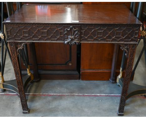 A Chippendale style mahogany console table with blind-fret cut legs and frieze with carved palmette motif, 78 x 45 x 73 cm hi