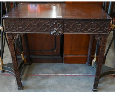 A Chippendale style mahogany console table with blind-fret cut legs and frieze with carved palmette motif, 78 x 45 x 73 cm hi