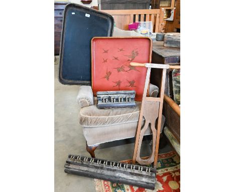 A vintage folding boot-jack, Japanese red lacquer tray gilded with cranes , signed, a 19th century large tole tray and two sn