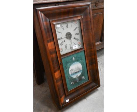 A 19th century Jermome &amp; Co American wall clock with mahogany ogee case, the glass panel painted with a Clipper, c/w pend