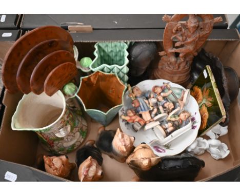 A 19th century Meissen floral-painted bowl (a/f), six Hummel children, Sylvac dogs, etc (box) 