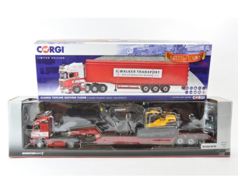 Motorart 1/50 scale Truck, Low Loader and Excavator Set plus Corgi Diecast Truck - Scania Topline - S Walker Transport. M in 