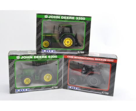 Ertl 1/32 Tractor Trio including John Deere 6200, 3350 plus Case Maxxum 5240. NM in G to VG Boxes. (3)