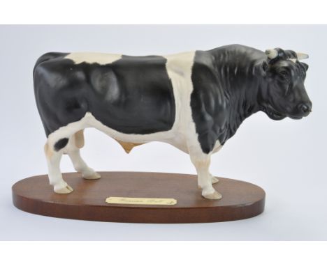 Beswick Model No. A2580 Freisian Bull on wooden plinth. Satin Matt Finish. 7.5". (NM-M)