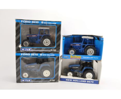 Ertl 1/32 Tractor Group including Ford 8630, Ford 8670, Ford 8630 and New Holland 8670. NM in G to VG Boxes. (4)