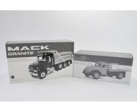 First Gear 1/34 scale Mack Granite Heavy Duty Dump Truck plus International Stake Truck. Both NM to M in E Boxes. (2)