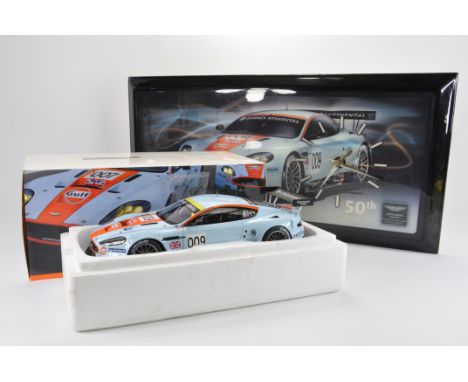 Very Rare Autoart 1/18 scale Aston Martin DBR9 in Gulf Colours with Clock. Given to special customers of Snap Tools. E to NM 