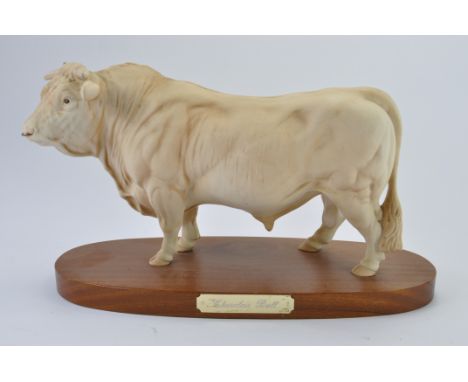 Royal Doulton Beswick Model No. A2463A Charlois Bull on wooden plinth. Satin Matt Finish. 7.5". (NM-M)