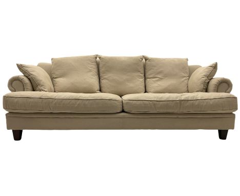 Grande four seat sofa, upholstered in natural linen, shaped back, scroll armsDimensions: Height:&nbsp;95cm&nbsp; Length/Width