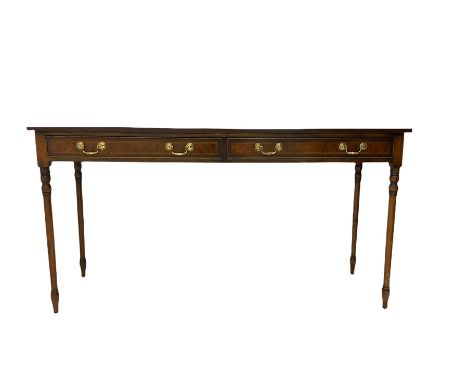 Georgian style mahogany side table, crossbanded and inlaid with chequered detail, fitted with two drawersDimensions: Height:&