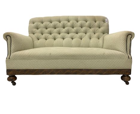 Early 20th century oak framed two seat sofa, upholstered in beige button back fabricDimensions: Height:&nbsp;80cm&nbsp; Lengt