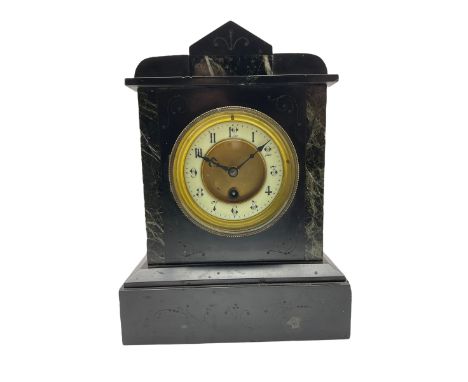 A late 19th century French mantle clock in an architectural Belgium slate case with contrasting variegated marble panels to t