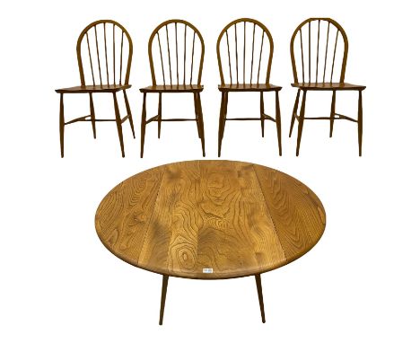 ercol elm and beech dining table, oval drop leaf top, and set four hoop and stick back dining chairsDimensions: Height:&nbsp;