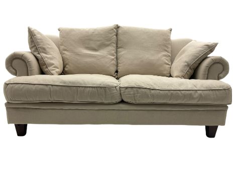 Two seat sofa, upholstered in beige linen fabricDimensions: Height:&nbsp;95cm&nbsp; Length/Width:&nbsp;170cm&nbsp; Depth/Diam