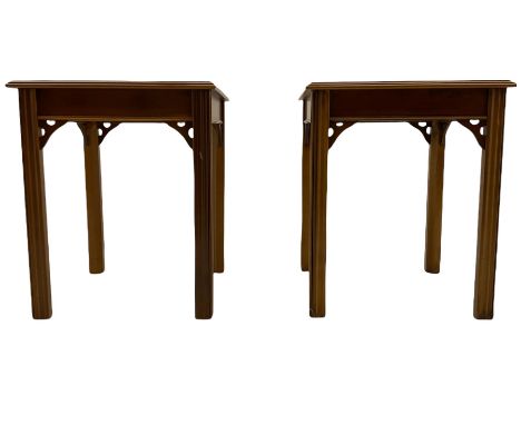 Pair of Georgian style yew wood square lamp tables, with glass topsDimensions: Height:&nbsp;61cm&nbsp; Length/Width:&nbsp;51c