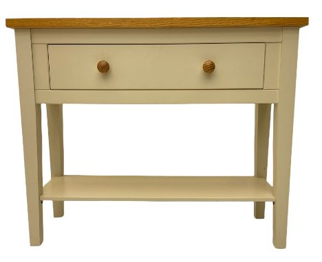 White and oak console table, fitted with single drawerDimensions: Height:&nbsp;74cm&nbsp; Length/Width:&nbsp;90cm&nbsp; Depth