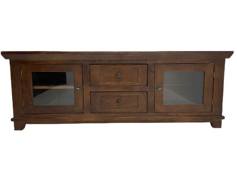 Antix French oak console unit, fitted with two drawers and two glazed cupboardsDimensions: Height:&nbsp;60cm&nbsp; Length/Wid