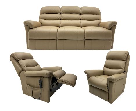 La-Z-boy pair of electric reclining armchairs, and matching three seat sofa, upholstered in beige leatherDimensions: Height:&