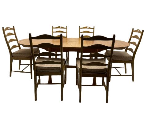 Ercol light elm oval extending dining table, with butterfly leaf, and six ladder back chairsDimensions: Height:&nbsp;73cm&nbs