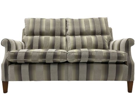 Duresta three seater sofa, walnut finish legs, silver and charcoal ombré striped upholsteryDimensions: Height: 100cm  Length/