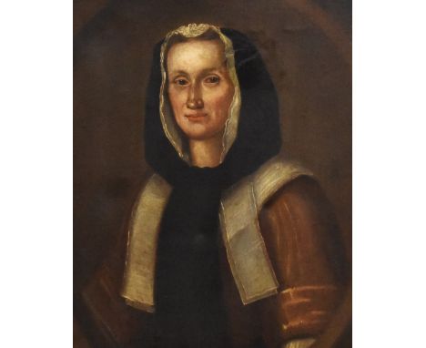 18th Century School, oil on canvas, A half length portrait of a noble lady wearing a laced bonnet, displayed within an ebonis