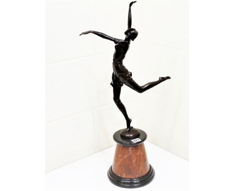 Reproduction Art Deco style figure of a girl dancing after an original by Bruno Zach, on red marble and black slate tapered c