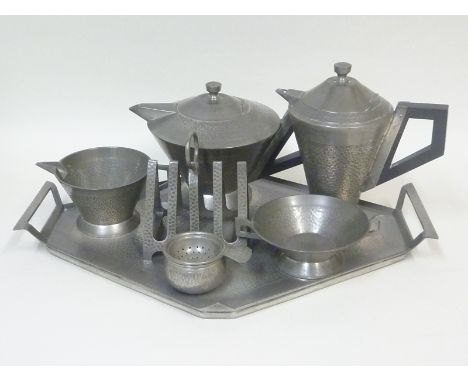 Art Deco pewter six piece "Round Head" tea set by Lloyd Payne and Amiele Ltd. Manchester, comprising teapot, hot water jug, m