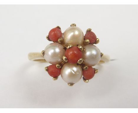 Pearl and coral cluster ring, 9ct gold.