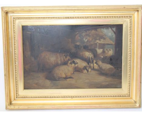R. H.Sheep in a barn.Signed, with initials.Oil on board.29cm x 44cm.
