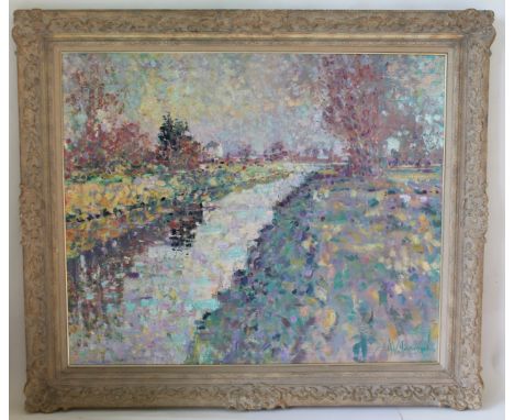 ARTHUR K. MADERSON.Winter sunset, Ashcott Corner, Somerset.Signed.Oil on board.63cm x 74cm.A fine example of the artist`s imp
