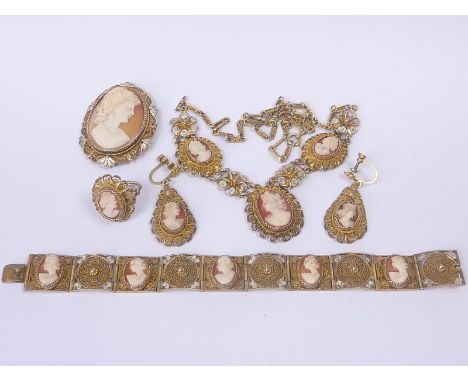 Attractive silver gilt filigree cameo suite, comprising a bracelet with five cameos, a necklace with three, brooch, a pair of