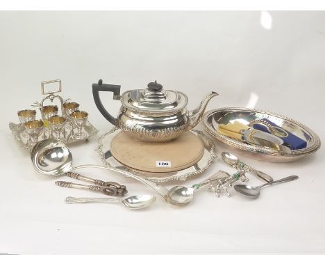 Collection of e.p. to include egg epergne, entree dish and cover, soup ladle, breadboard, flat ware, etc.