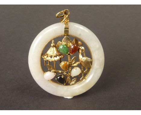 Chinese jade pendant with coloured cabochons in a circle "14K".