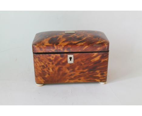 Georgian tortoiseshell tea caddy of rectangular form domed cover, inlaid white metal stringing panel and escutchions on four 