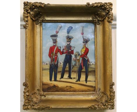 WILLIAM HEATH (1795 - 1840).Portrait of three army officers standing in camp.Oil on vellum or card.18cm x 14cm.