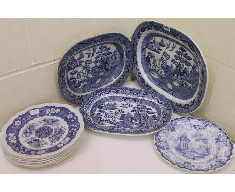 Three Victorian blue & white willow pattern oval ashets, the largest 41cm, also seven Spode "Blue Room" collection blue and w