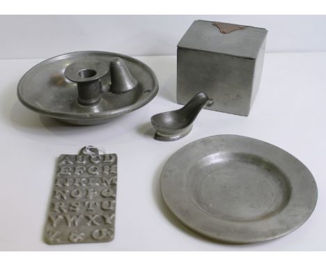 Pewter hornbook of rectangular form with moulded alphabet and hanging loop, inscribed on reverse "St. Paul's AD1729" 14cm x 6