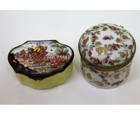 19th century patch box, the lid with humorous coaching scene 7cm also a French porcelain circular trinket box with floral dec